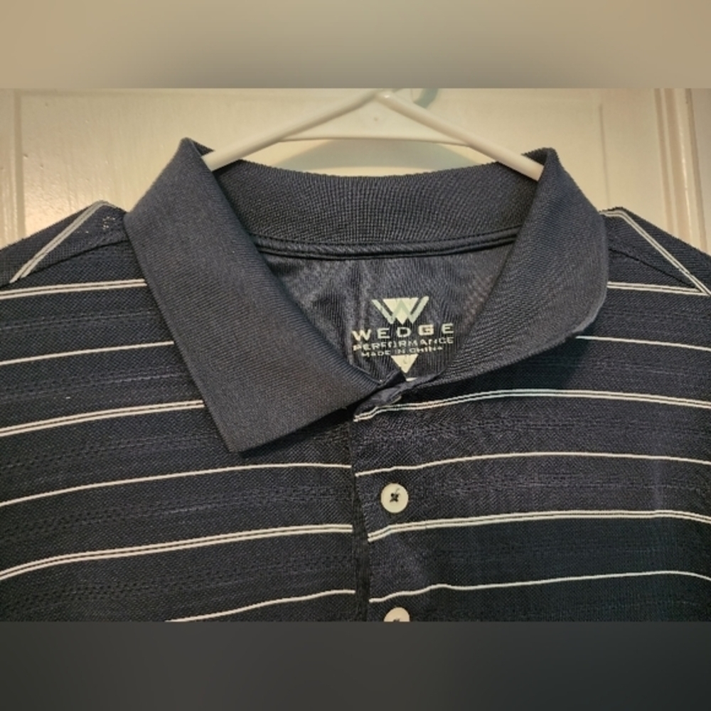 Navy Striped Pique Men's Collared Polo 3 top buttons. Large - Picture 3 of 10